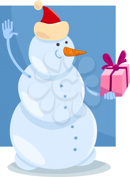 Cartoon Illustration of Snowman as Santa Claus Character with Christmas Present or Gift