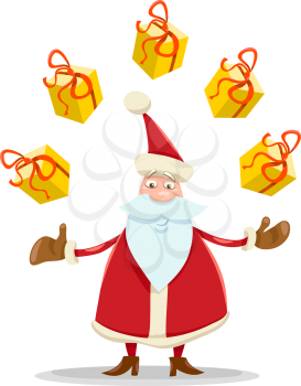 Cartoon Illustration of Funny Santa Claus Juggling Christmas Presents