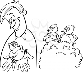 Black and White Cartoon Humor Concept Illustration of A Bird in the Hand is Worth Two in the Bush Saying or Proverb for Coloring Book