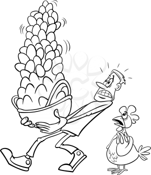 Black and White Cartoon Humor Concept Illustration of Dont Put All your Eggs in One Basket Saying or Proverb for Coloring Book