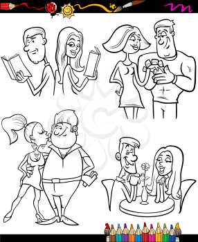 Coloring Book or Page Cartoon Illustration of Color and Black and White Happy Couples in Love
