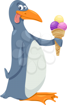 Cartoon Illustration of Funny Penguin with Ice Cream
