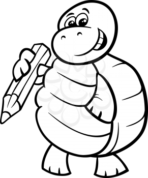 Black and White Cartoon Illustration of Funny Turtle with Pencil Animal Character for Coloring Book