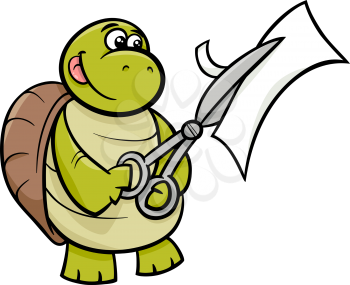 Cartoon Illustration of Funny Turtle Animal Character Cutting Paper with Scissors