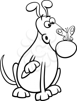 Black and White Cartoon Illustration of Funny Dog Character with Butterfly on his Nose for Coloring Book