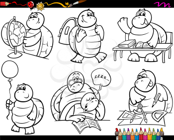 Coloring Book or Page Cartoon Illustration of Black and White Funny Turtle Animal Character at School for Children