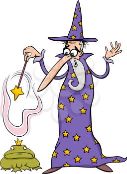 Cartoon illustration of Fantasy Wizard with Magic Wand Casting a Spell and Enchanted Frog