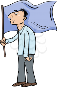 Cartoon Illustration of Man Holding a Flag