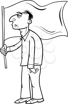 Black and White Cartoon Illustration of Man Holding a Flag