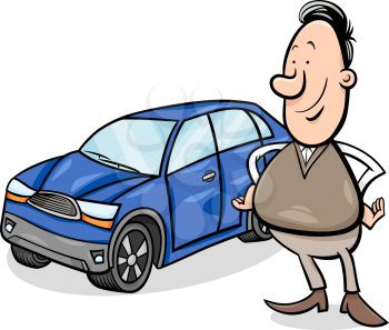 Cartoon Illustration of Proud Man and his New Car