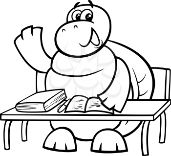 Black and White Cartoon Illustration of Funny Turtle Animal Character Raising Hand on the Lesson for Coloring Book