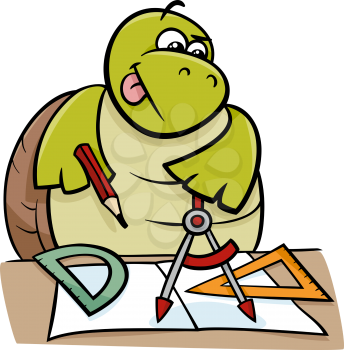 Cartoon Illustration of Funny Turtle Animal Character on Geometry Lesson with Calipers and Setsquare