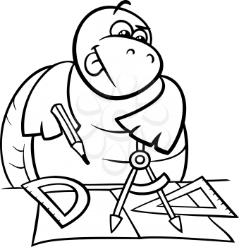 Black and White Cartoon Illustration of Funny Turtle Animal Character on Geometry Lesson with Calipers and Setsquare for Coloring Book