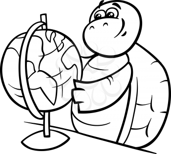 Black and White Cartoon Illustration of Funny Turtle Animal Character with School Globe for Coloring Book