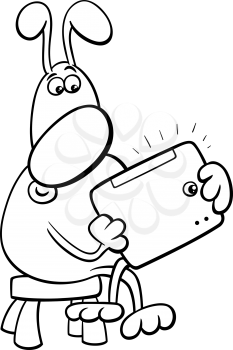 Black and White Cartoon Illustration of Funny Dog Character with Tablet PC for Coloring Book