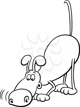 Black and White Cartoon Illustration of Funny Dog Character with Sniffing and Trucking for Coloring Book
