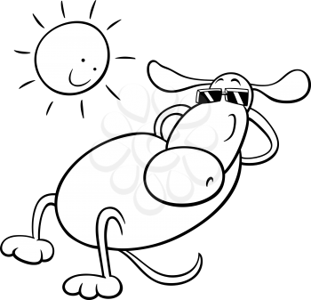 Black and White Cartoon Illustration of Funny Dog Character Taking a Sunbath for Coloring Book