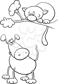 Black and White Cartoon Illustration of Funny Dog Character and Cat on a Tree Branch for Coloring Book