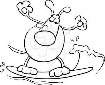 Black and White Cartoon Illustration of Funny Dog Character Surfing on Board for Coloring Book