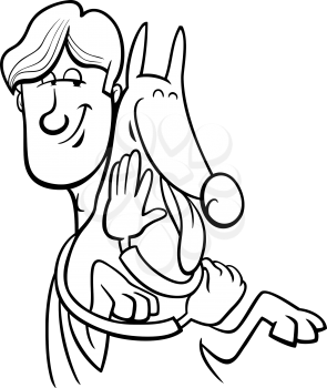 Black and White Cartoon Illustration of Man Giving a Hug to his Dog for Coloring Book