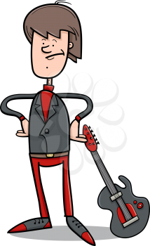 Cartoon Illustration of Young Musician or Rock Man with Electric Guitar