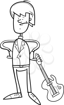 Black and White Cartoon Illustration of Young Musician or Rock Man with Electric Guitar for Coloring Book