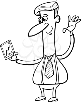 Black and White Cartoon Illustration of Happy Man or Businessman looking at Graph on his Phone or Tablet