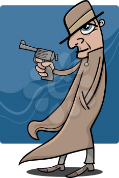 Cartoon Illustration of Detective or Gangster with Gun