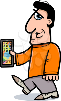 Cartoon Illustration of Man with Tablet or Smart Phone