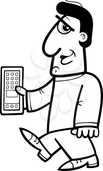 Black and White Cartoon Illustration of Man with Tablet or Smart Phone for Coloring Book