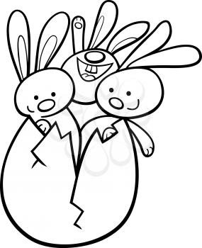 Black and White Cartoon Illustration of Cute Easter Bunnies in Egg for Coloring Book