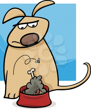 Cartoon Illustration of Funny Disgusted Dog with Bowl of Nasty Food