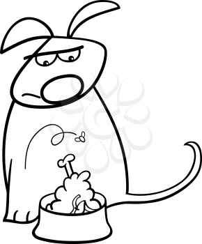 Black and White Cartoon Illustration of Funny Disgusted Dog with Bowl of Nasty Food for Coloring Book