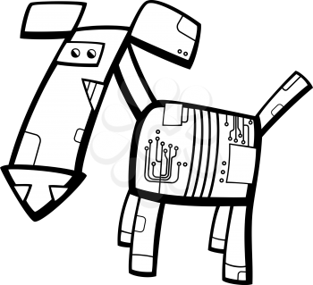 Black and White Cartoon Illustration of Funny Fantasy Robot Dog for Coloring Book