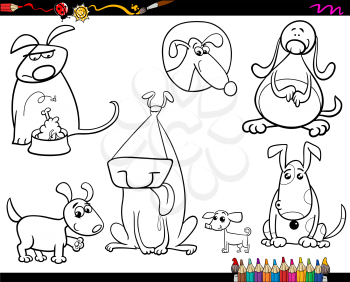 Coloring Book or Page Cartoon Illustration of Black and White Funny Dogs Pet Animal Characters