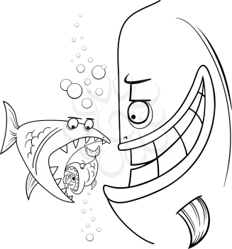 Black and White Cartoon Humor Concept Illustration of Bigger Fish Saying or Proverb for Coloring Book