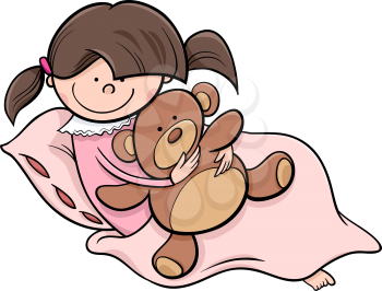 Cartoon Illustration of Cute Happy Little Girl in Bed with Teddy Bear