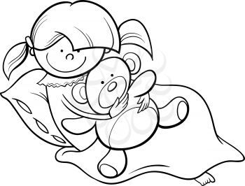 Black and White Cartoon Illustration of Cute Happy Little Girl in Bed with Teddy Bear for Coloring Book