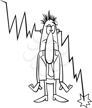 Black and White Concept Cartoon Illustration of Businessman and Economic Crisis or Recession