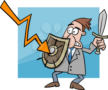 Concept Cartoon Illustration of Businessman fighting with Economic Crisis or Recession