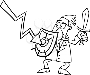 Black and White Concept Cartoon Illustration of Businessman fighting with Economic Crisis or Recession