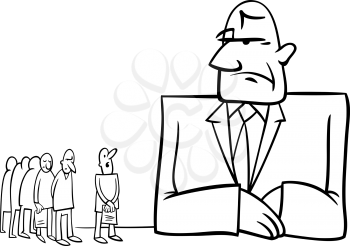 Black and White Concept Cartoon Illustration of People in Bank
