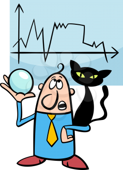 Concept Cartoon Illustration of Funny Diviner Businessman with Black Cat and Crystal Ball