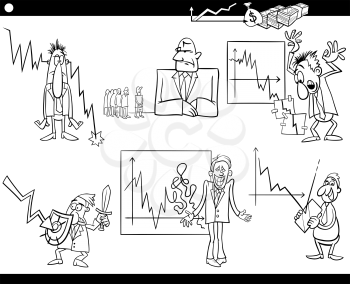 Black and White Cartoon Illustration Set of Economic Depression Business Concepts and Metaphors
