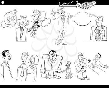 Black and White Cartoon Illustration Set of Funny Businessmen and Business Concepts and Metaphors