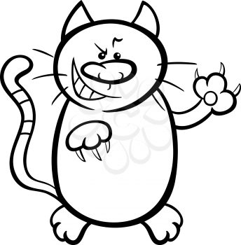 Black and White Cartoon Illustration of Malicious Cat with Sharp Claws for Coloring Book