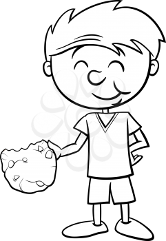 Black and White Cartoon Illustration of Boy Eating Tasty Cookie for Coloring Book