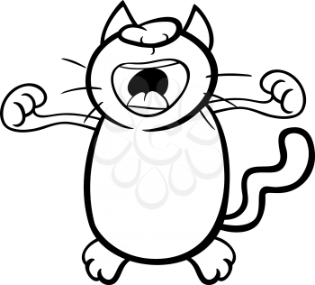 Black and White Cartoon Illustration of Funny Cat Stretching after Nap for Coloring Book