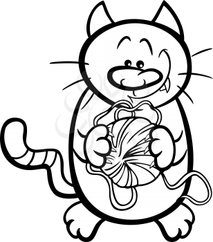 Black and White Cartoon Illustration of Funny Cat with Ball of Wool for Coloring Book