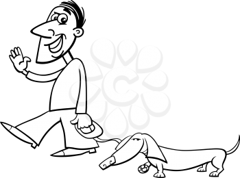 Black and White Cartoon Illustration of Man with Dachshund Dog on Walk for Coloring Book